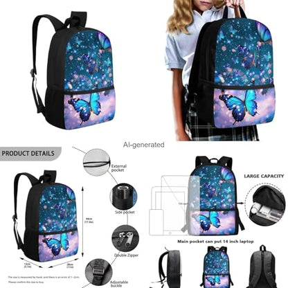 Butterfly Backpack for Girls Kids Backpack with Lunch Box Water Bottle Carrier with Strap and Aesthetic Pencil Case 4PCS Set Bookbag with Front Pocket for School Teens 17 inch Large School Bag - color: Aesthetic Butterfly