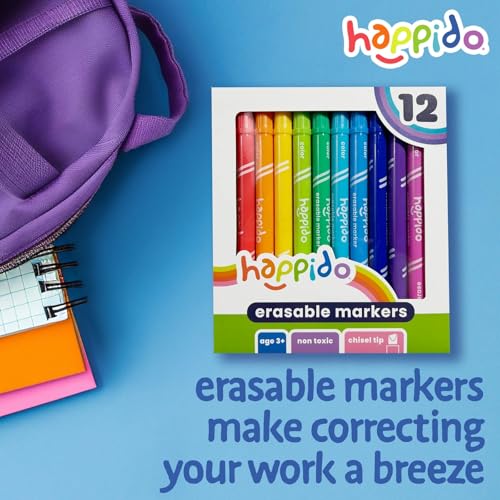 International Arrivals Double Sided Erasable Marker Sets for Kids Happido, Set of 12 Chisel Tip Non Toxic Markers, Great School Supplies, Art and Stationery Set - style: 12 Count - Erasable Double Ended