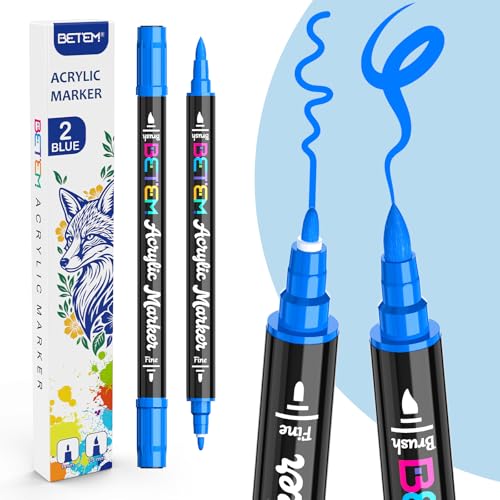 Betem Dual Tip Acrylic Paint Pens, 2 Blue Paint Markers for Glass, Window, Fabric, Wood, Rock, Canvas, Acrylic Markers with Fine & Brush Tip, Art & Craft Supplies, Teacher Appreciation Gift - color: Blue