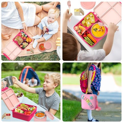 Aimsnk Lunch Box Kids with Thermo Insulated Lunch Bag for School, Pink | Bento Lunch Box for Kids with 8oz Food Jar, Leak Proof Hot Lunch Containers with 4 Compartment, Warm Lunchbox for Toddler - color: Pink