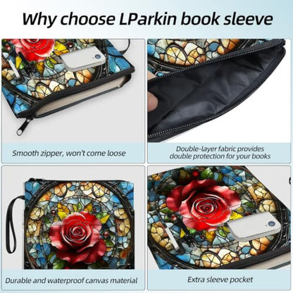 Padded Book Sleeve with Zipper & Front Pocket, Fabric Book Cover | Stained Glass Red Rose Cross11.4"x8.7" Washable Canvas Pouch for Hardcovers, Tablets & Reading Accessories - color: Stained Glass Red Rose Cross