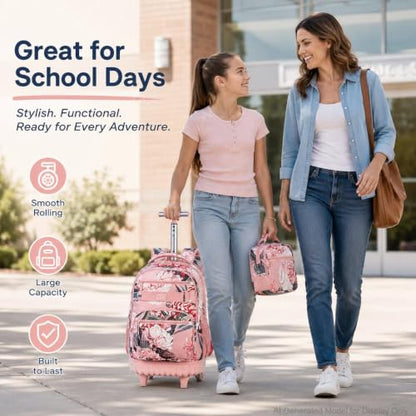 3Pcs Rolling Backpack for Girls Women, 19 Inche Adults Roller Bag with Wheels, Flower Wheeled Bookbag with Lunch Box(Pink) - color: Pink Flower
