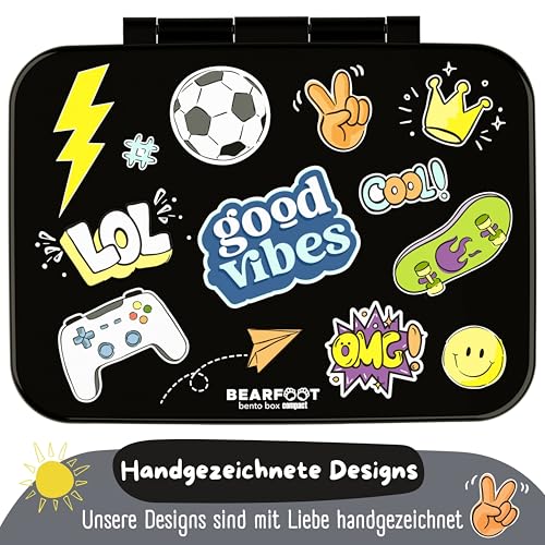 BEARFOOT Kids Lunch Box with Compartments – Compact & Lightweight | Leak-Proof, BPA-Free, Dishwasher Safe | Hand-Drawn Design for Preschool, School, Travel (Sticker Black, 2.75 Cups) - color: Sticker-Black, size: 2.75 Cups