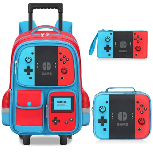 TILYTADLY Kids Rolling Backpack for Boys - 3PCS Gamer Boys Rolling Backpack with Lunch Box Set, Wheeled Travel Bookbag for Elementary Middle School, Lightweight Roller School Bag - color: red-blue-Backpack set