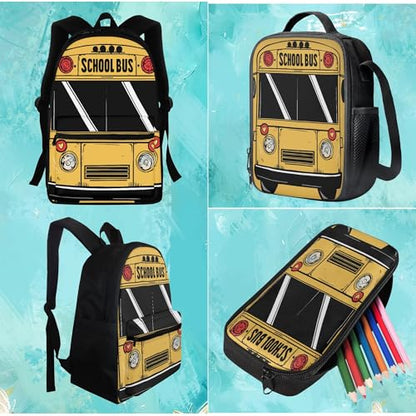 BIGCARJOB Yellow School Bus Backpack Kids Schoolbags Set with Insulated Lunch Box Pencil Case Set of 3 Pcs Cute School Bus Bookbags Boys Girls Rucksack Travel Bags - color: B Yellow School Bus, size: One Size