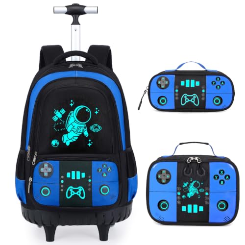 Bevalsa Rolling Backpack for Boys,Cool Luminous Gamer Roller School Backpacks with Lunch Box & Pencil Case,Kids Wheeled Schoolbag Bookbag with Wheels for Kindergarten Elementary School Travel - color: Blue Astronaut