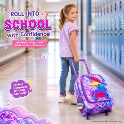 WZLVO 4PCS Rolling Backpack for Girls,Kids Mermaid Backpacks with Roller Wheels, Wheeled Bookbag with Lunch Box for Toddler Elementary School - color: Fish Rolling Purple