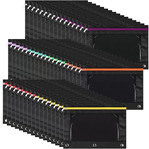 Leinuosen 64 Pack Black Pencil Pouch Bulk for 3 Ring Binder, Pencil Cases with Colored Zipper and Clear Window Storage Bag for Office, Back to School Classroom Supplies - color: Black with Rainbow Zip
