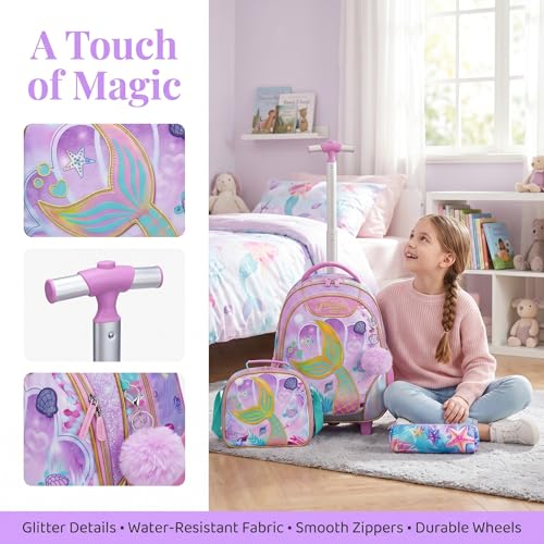 Kids Rolling Backpack for Girls Mermaid Trolley Suitcases Luggage with Wheels Bookbag Wheeled 3pcs on Lunch Box Pencil Case Elementary Teenagers Pink for Girls Age 5-12 - color: Pink-0130-meirenyu