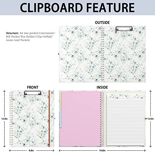 Rimilak Spiral Clipboard Folio with Refillable Lined Notepad, 14.5 x 9.8 In, Hardcover Cover with 5 Interior Pockets, Elastic Band and Pen Loop Series. Cute Stylish Clipfolio, Green Leaves - color: Green Leaves