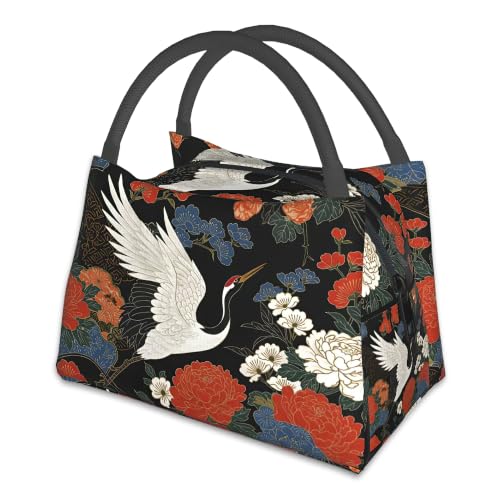 Crane Lunch Bag for Kids,Cute Vintage Flowers Lunch Box for Women,Leakproof Large Capacity Thermal Insulation Cooler Tote Bag for Nurse Teacher Work Picnic - color: Crane