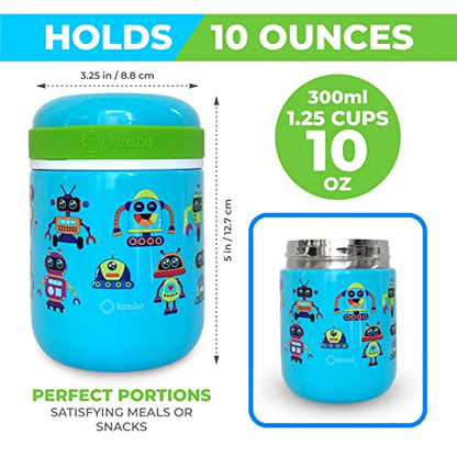 Bento Lunch Box for Kids with Thermo for Hot Food Soup, Insulated Lunch Bag and Ice Cold Pack Set, Stainless Steel Lunch Thermal, Container Boxes with 4 Compartments, Green Robot - color: Robot Set