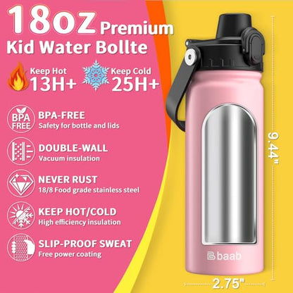 baab 18oz Kids Water Bottle, Insulated Kids Water Bottle with Lockable Spout Lid & Stickers, 18/8 Stainless Steel Vacuum Leakproof Kid Water Cup for Boy Girl School (Pink+Mint Green, 2 Pack) - color: Pink+Mint Green, size: 18 Ounces
