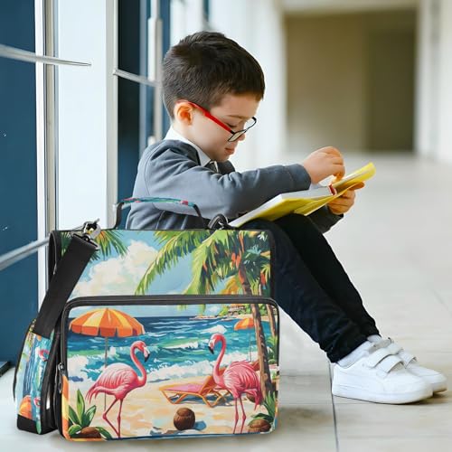 Cute Flamingos Palm Trees and Sea Waves Zipper Binder 3 Ring 1.5 Inch School Binder Organizer with Shoulder Strap Handle File Folder Pockets Large Capacity Students Girl Boy Men Office Work - color: Cute Flamingos Palm Trees and Sea Waves