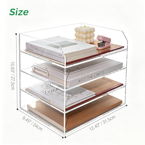Paper Tray Organizer for Desk, 4 Tier Acrylic Desk Organizers and Accessories, One-Piece Integrated A4 Paper Organizer with Handles, Crystal-Clear Letter Tray & Office File Holder, Books Notes - size: 4-Tier-Horizontal