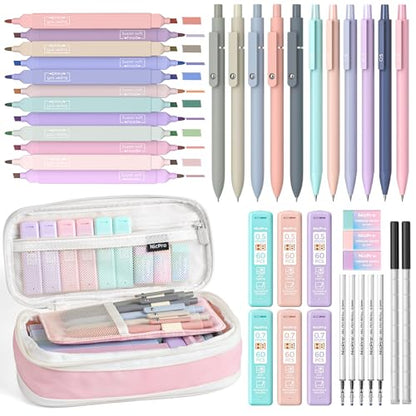 Nicpro School Supplies Stationary Set with Pencil Case, 39 PCS Pink | Back to Schoo Supplies, Pen Case with 12 Highlighter, 5 Gel Pen, 6 Mechanical Pencil, Essentials for College, Nursing Student - color: Pink, size: 39 PCS