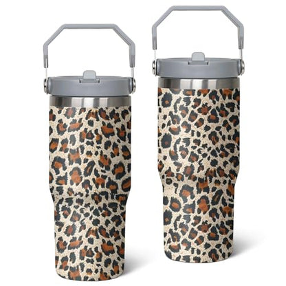 Queen Hero 30 oz Leopard Tumbler with Handle, Large Insulated Tumbler with Flip & Straw Coffee Mug Cup Stainless Steel Gifts for Women Men Youth - color: Leopard