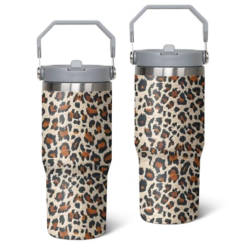 Queen Hero 30 oz Leopard Tumbler with Handle, Large Insulated Tumbler with Flip & Straw Coffee Mug Cup Stainless Steel Gifts for Women Men Youth - color: Leopard