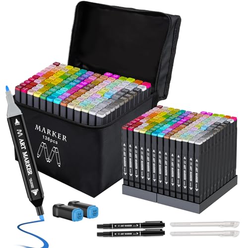 Banral Alcohol Markers Set, 136 Colors Dual Tip Alcohol Based Art Marker for Artists, Permanent Drawing Pens for Adult Coloring Sketching Illustration with Case and Holders - color: 136 Colors