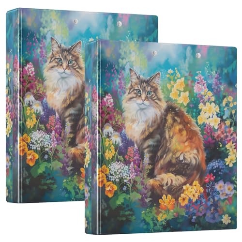 Fustylead Fantastic Cat in Colorful Spring Floral 3 Ring Binder, D-Rings 1.5" Hardcover Folder, Fits 200 Sheets of A4 Paper, Durable Clipboard & Clean View with Inside Pockets for School Home Office - size: 12.4x10.63x2.36 Inch-2 Pack