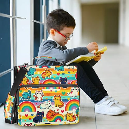 3 Ring Zipper Binder with Shoulder Strap, 600 Sheets Capacity, Cute Rainbow Cats 1.5 Inch Zipper Binder 3 Ring with Multiple Pockets & Expanding File Folder