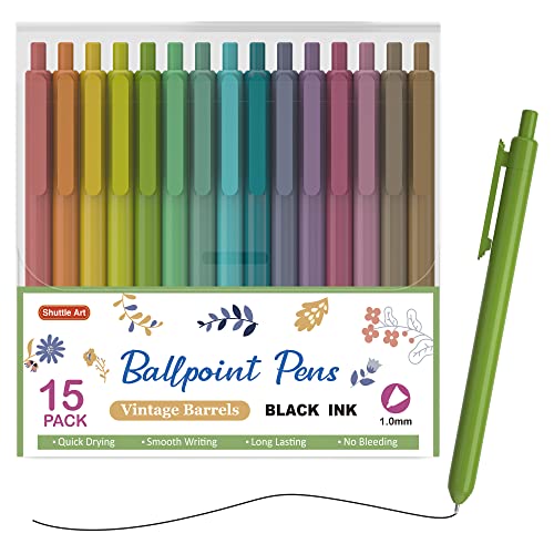 Shuttle Art Ballpoint Pens, 15 Pack Vintage Retractable Black Ink Ball Point Pens, Cute Pens 1.0mm Medium Point Quick Drying for Writing Journaling Taking Notes School Office Home - color: Vintage Barrel--15 Black Ink