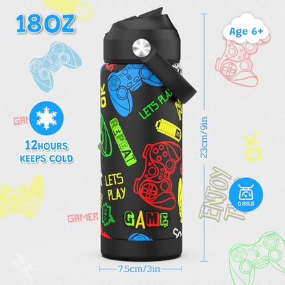 Boys Game Water Bottle for School，Kids 18 oz Insulated Stainless Steel Cup with Straw, Double-Wall Vacuum Leakproof - color: C8.Game