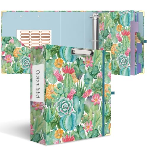3 Ring Binder 3 Inch, Cute Round Ring Binder with 6 Tab Dividers & Label Stickers, Low Profile Clipboard with Storage, Fashion Binder for School Office Supplies (Cactus Flowers) - color: Cactus Flowers, size: 3 Inch