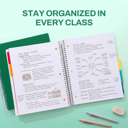 SUNEE 5 Subject Notebook College Ruled - 400 Pages, 9"x11", 5 Pocket Colored Dividers, 3-Hole Punched Paper, Dark Green - color: Dark Green, style: College Ruled
