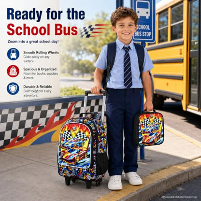 HPJGD 3PCS Car Rolling Bookbag for Boys, Kids School Backpack with Wheels, Water Resistant UV Printed Roller Wheeled Bookbag Set with Lunch Box - color: 3PCS Boys Rolling Backpack
