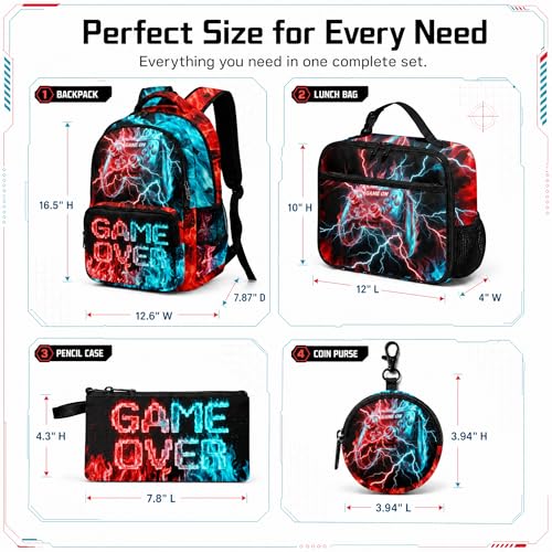 Game Backpack Set for Boys Kids – 17" Large Capacity Gaming School Bag with Lunch Box, Pencil Bag and Coin Purse (Blue&Red) - color: Blue&red-1