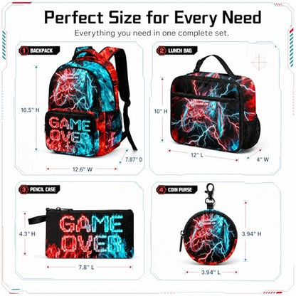 Game Backpack Set for Boys Kids – 17" Large Capacity Gaming School Bag with Lunch Box, Pencil Bag and Coin Purse (Blue&Red) - color: Blue&red-1