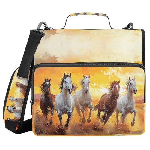 Horses Running Desert Sunset Painting Zipper Binder 3 Ring with Shoulder Strap 2 Inch Binder Holds 500 Sheets Trapper Keeper Zipper Binders Organizer for School Students Office