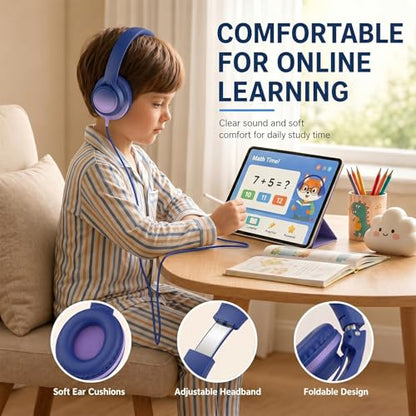 Kids Wired Over-Ear Headphones with Microphone, 3.5mm Jack with USB-C Adapter, Comfortable Headset for Online Learning, School, Tablet, Phone – Galaxy Gradient - color: Midnight Blue