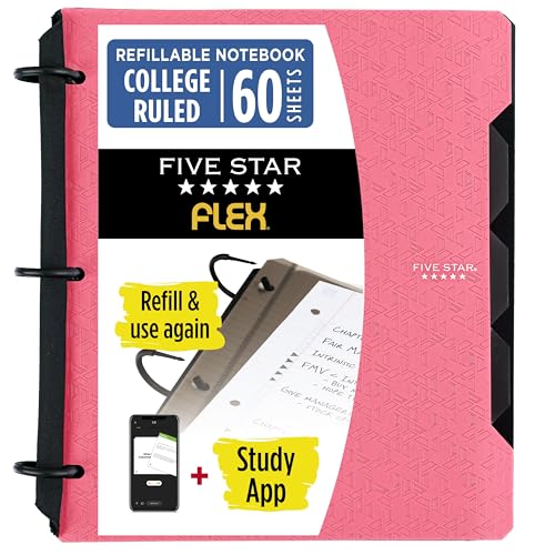 Five Star Flex Refillable Notebook + Study App 1 Inch O-Rings Binder with Pockets Tabs and Dividers, 220 Sheet Capacity, Includes 60 Sheets 8.5" x 11" College Ruled Paper, Prom Pink (293280R) - color: Prom Pink, size: 1 Count (Pack of 1)