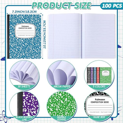 Fulmoon 100 Pcs Composition Notebooks, Comp Book, 9.75"x 7.5", 60 Sheets Per Comp Book, Black Purple Blue Red Green, Marble Notebooks for School Kids Home Office(College Ruled 9/32'' Spacing)