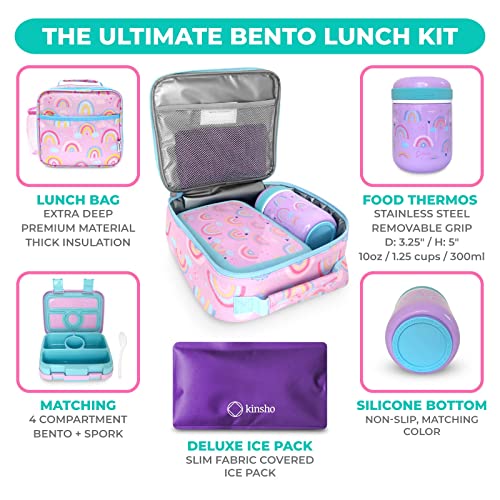 kinsho Kids Bento Lunch Box Set with Thermo, Bag & Ice Pack Purple Rainbow | 4 Compartment Container, Stainless Steel Food Jar for Hot Soup, Snacks, Daycare or School Lunches for Toddlers & Small Girls - color: Rainbow Set