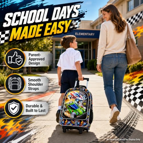 CCJPX 3Pcs Racing Car Rolling Backpack for Boys, 18" Kids Wheeled Bookbag with Lunch Box, Lightweight Roller School Bag for Elementary Preschool(Black) - color: Red Green Race Car