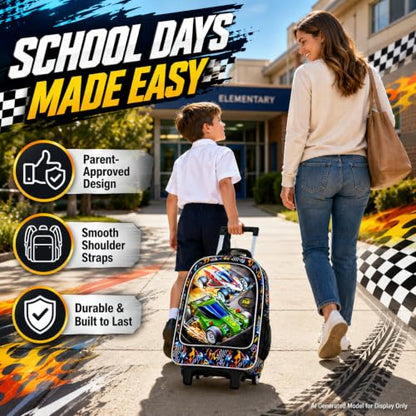 CCJPX 3Pcs Racing Car Rolling Backpack for Boys, 18" Kids Wheeled Bookbag with Lunch Box, Lightweight Roller School Bag for Elementary Preschool(Black) - color: Red Green Race Car