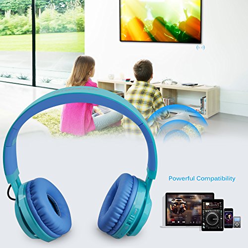 Riwbox WT-7S Kids Bluetooth Headphones, LED Light Up Wireless Foldable Stereo Headset with Microphone and Volume Control for PC/Tablet/TV/Travel (Blue) - color: Blue&Green