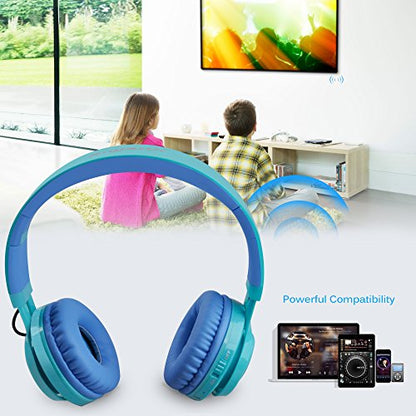 Riwbox WT-7S Kids Bluetooth Headphones, LED Light Up Wireless Foldable Stereo Headset with Microphone and Volume Control for PC/Tablet/TV/Travel (Blue) - color: Blue&Green