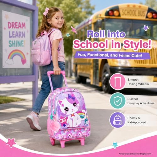 AGSDON 3PCS Kids Rolling Backpack, Girls Roller Wheels Bookbag, Wheeled Elementary School Bag with Lunch Bag - White Cat - color: White Cat Roller
