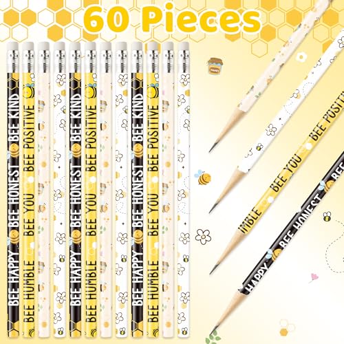 Xqumoi 60Pcs Bee Pencils with Erasers - Cute Honeybee Themed #2 HB Wooden Pencils in Bulk Birthday Party Favors Classroom Student Rewards Goodie Bag Fillers Stuffers Summer Back to School Gift - style: Bee