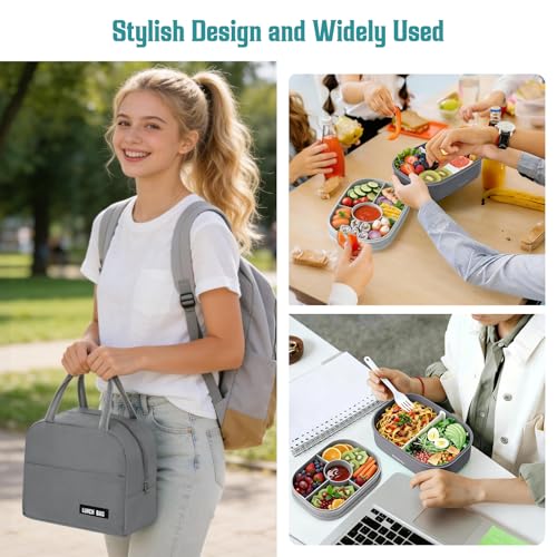 RIKDOKEN Bento Lunch Box, Stackable 2 Layers Containers with Compartments, Portable 64OZ Large Capacity Leakproof Bento Box with Spoon & Fork & Lunch Bag, Microwave Safe Lunch Box for Kids and Adults - color: Gray