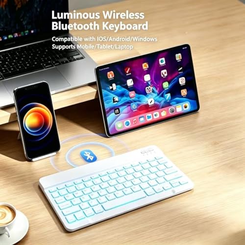 Mini Bluetooth Keyboard, Small Portable Wireless Rechargeable Keyboard with 7-Color RGB Backlit for iPad iPhone Android Samsung Tablet Smartphone(White) - color: White