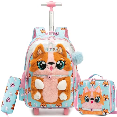 Cute Rolling Backpack for Girls,Lightweight Kids Backpack with Wheels,Wheeled School Bookbag with Pencil Case Lunch Box for Students - color: Orange Dog
