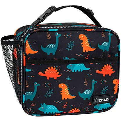 opux Insulated Lunch Bag for Kids, Reusable Lunch Box for School with Leakproof Lining, Compact Soft Cooler Tote for Boys & Girls, Front Pocket, Mesh Side Bottle Holder (Dinosaur) - color: Dinosaur