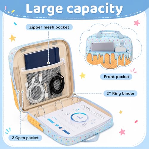MiniInflat Baseball Drip Ice Cream Zippered Binder Bag with Handle 2-inch 3-Ring O-Ring, 600-sheet Capacity, Includes Zipper Pocket, Multi-Pocket Organizer Binder Sports(Ice Cream,Blue) - color: Blue, style: Ice Cream
