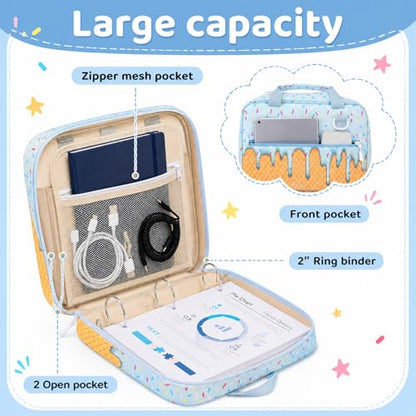 MiniInflat Baseball Drip Ice Cream Zippered Binder Bag with Handle 2-inch 3-Ring O-Ring, 600-sheet Capacity, Includes Zipper Pocket, Multi-Pocket Organizer Binder Sports(Ice Cream,Blue) - color: Blue, style: Ice Cream