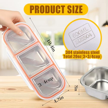 3 Pack Leakproof Stainless Steel Snack Containers with Lids, Reusable 3 Compartment Lunch Container, Stackable Snack Bento Box for Work, Travel & Picnic